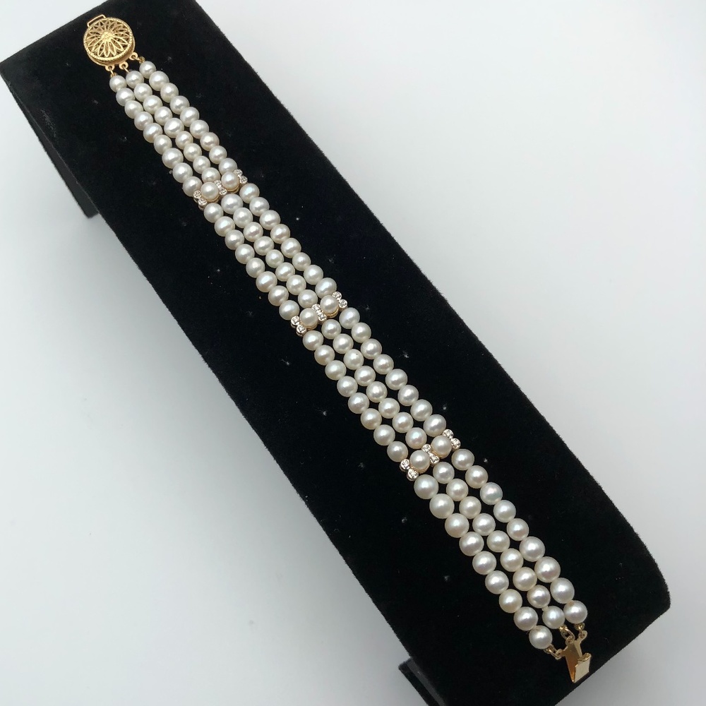14k Pearl Diamond Bracelet Triple Strand SOLID Yellow Gold